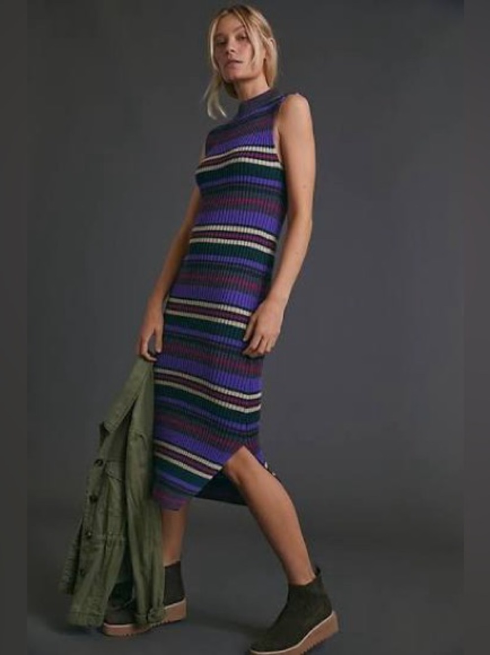 Dolan Left Coast Anne Ribbed Striped Midi Dress Anthropologie Size L NWT